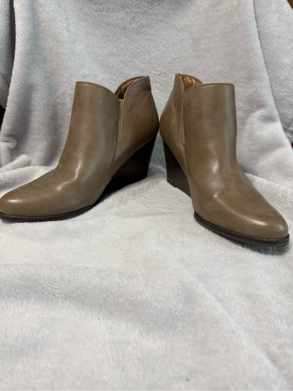 new directions Taupe Wedge Mule Booties